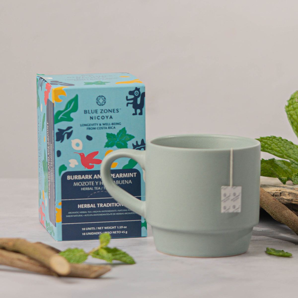 Blue Zones Nicoya Burbark & Spearmint Herbal Tea Pack of 18 (1.6oz/45g)