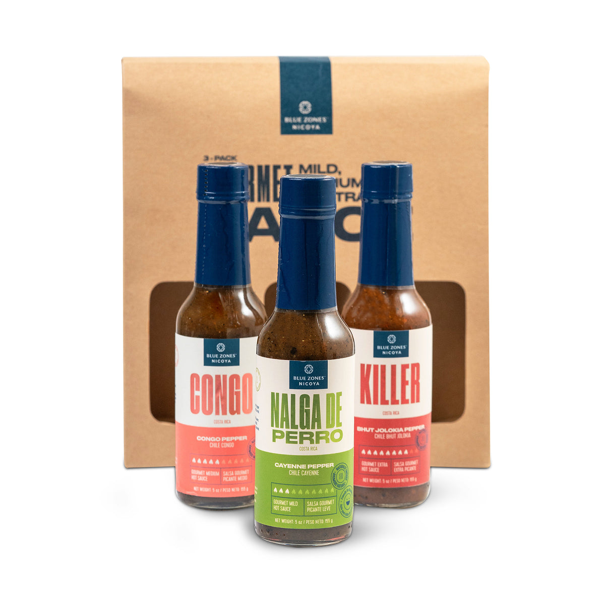 Blue Zones Nicoya Mild, Medium & Extra Hot Sauce - Nalga de Perro, Congo, Killer - Variety Pack of 3 (15oz/ 465g)