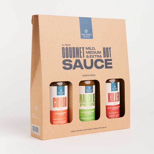 Blue Zones Nicoya Mild, Medium & Extra Hot Sauce - Nalga de Perro, Congo, Killer - Variety Pack of 3 (15oz/ 465g)