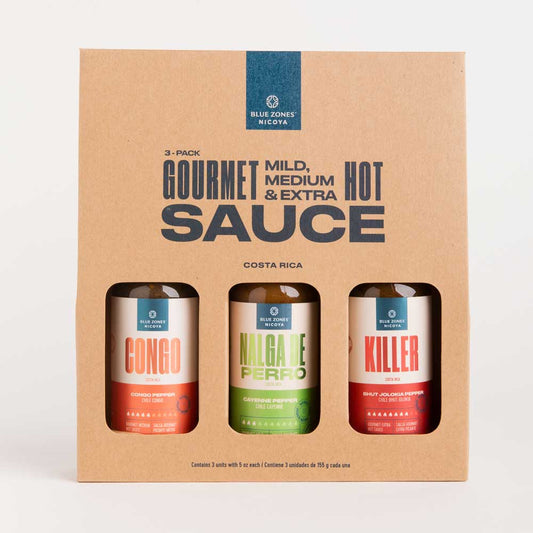 Blue Zones Nicoya Mild, Medium & Extra Hot Sauce - Nalga de Perro, Congo, Killer - Variety Pack of 3 (15oz/ 465g)